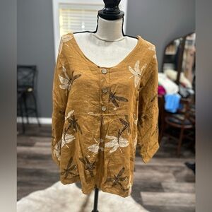Viola Borghi Top Size Medium Linen Dragon Fly Shirt 3/4 Sleeve Linen